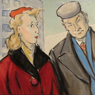 Mees ja naine korrusmajade taustal