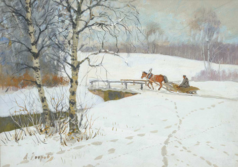 Andrei Jegorov "Talvemaastik üle silla sõitva talumehega"