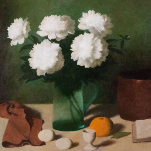 White Peonies with Two Eggs and Two Grapefruits